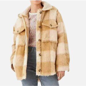 American Eagle Jacket Womens XS Brown Tan Plaid Faux Fur Sherpa Lined Shacket